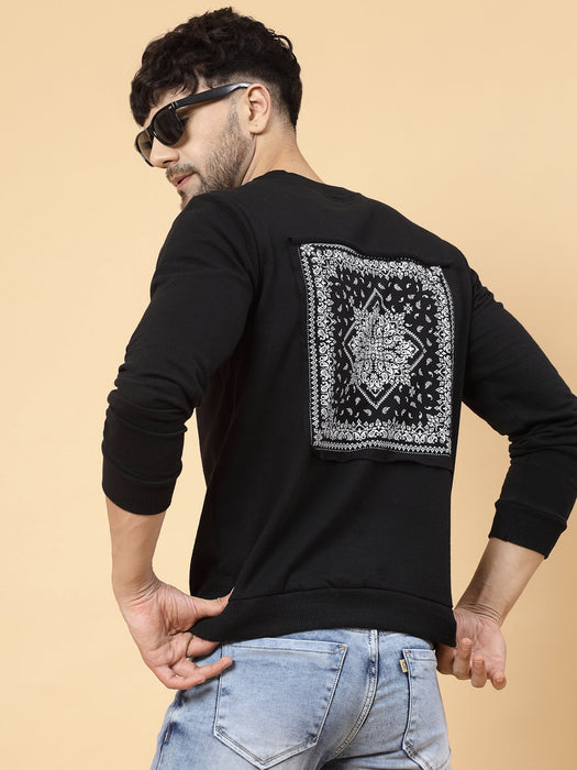 Black Printed Patch On Back Fleece Round Neck Sweatshirt