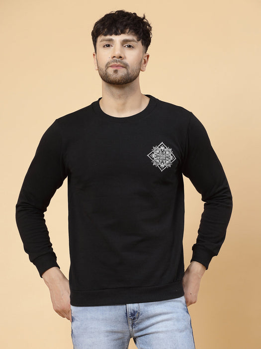 Black Printed Patch On Back Fleece Round Neck Sweatshirt