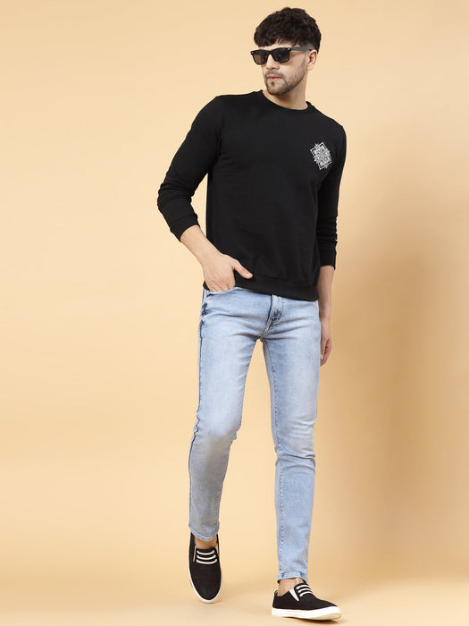 Black Printed Patch On Back Fleece Round Neck Sweatshirt