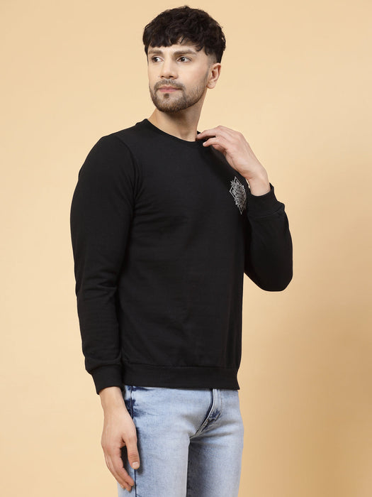 Black Printed Patch On Back Fleece Round Neck Sweatshirt