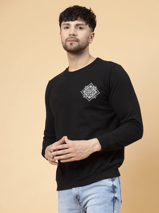 Black Printed Patch On Back Fleece Round Neck Sweatshirt