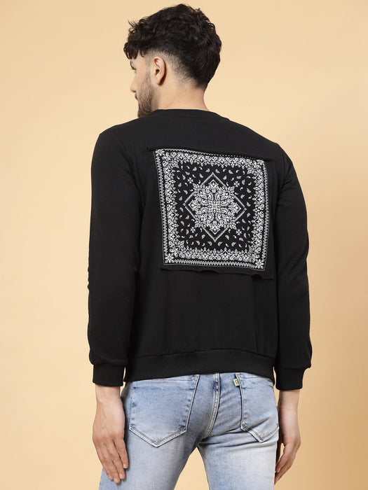 Black Printed Patch On Back Fleece Round Neck Sweatshirt