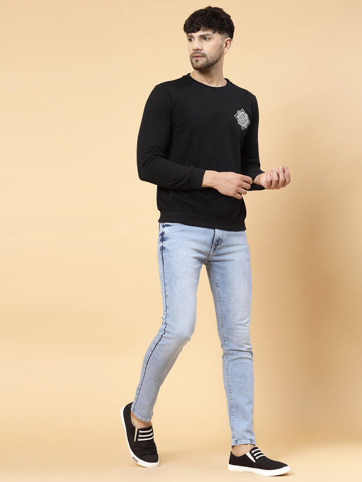 Black Printed Patch On Back Fleece Round Neck Sweatshirt