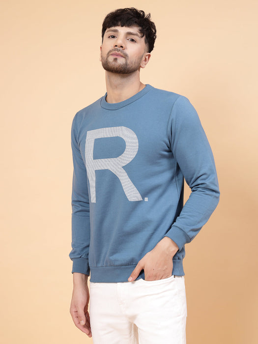 Blue Printed Round Neck Full Sleeve Fleece Sweatshirt