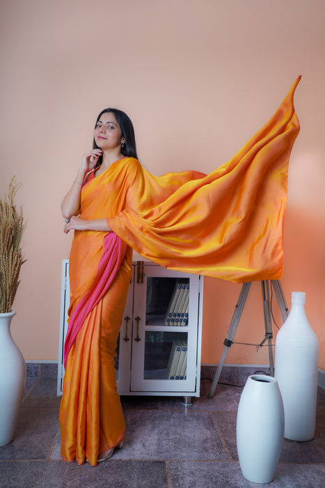 Satin Silk Saree (Dual Shade Orange & Pink)