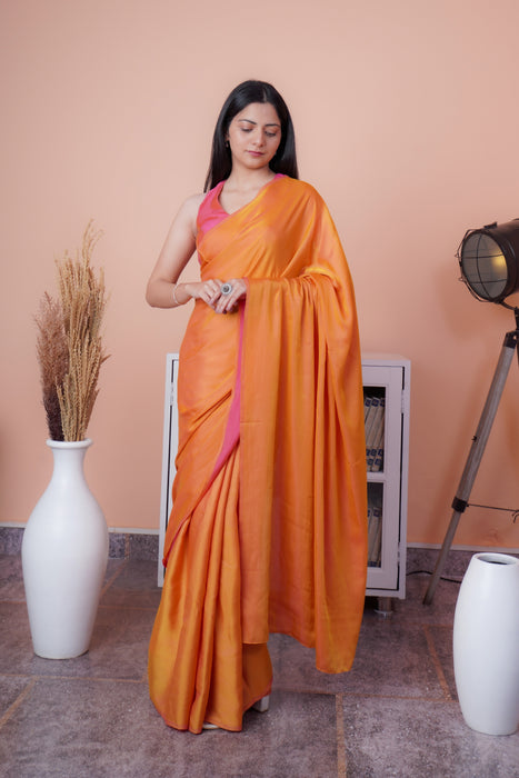 Satin Silk Saree (Dual Shade Orange & Pink)