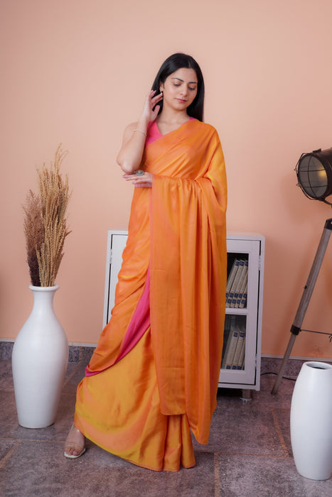 Satin Silk Saree (Dual Shade Orange & Pink)