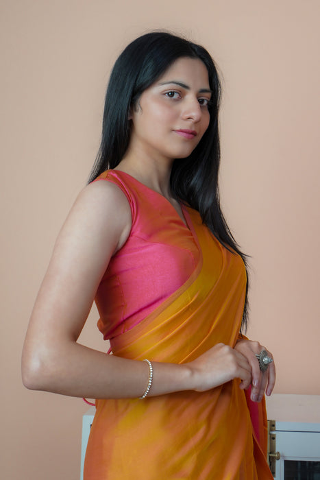 Satin Silk Saree (Dual Shade Orange & Pink)