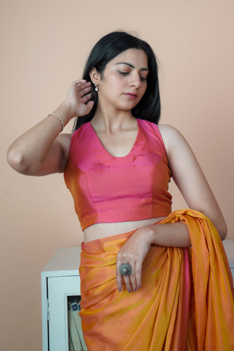 Satin Silk Saree (Dual Shade Orange & Pink)