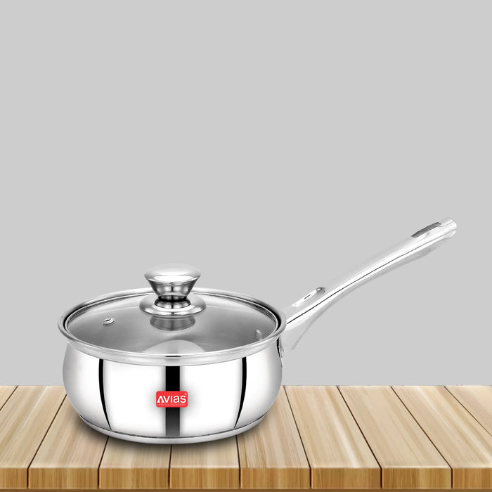 Inox Ib Stainless Steel Saucepan With Glass Lid | Premium Quality Stainless Steel With Sandwich Bottom | Cook And Serve | Induction And Gas Stove Friendly |14Cm/ 16Cm/ 18Cm | Silver