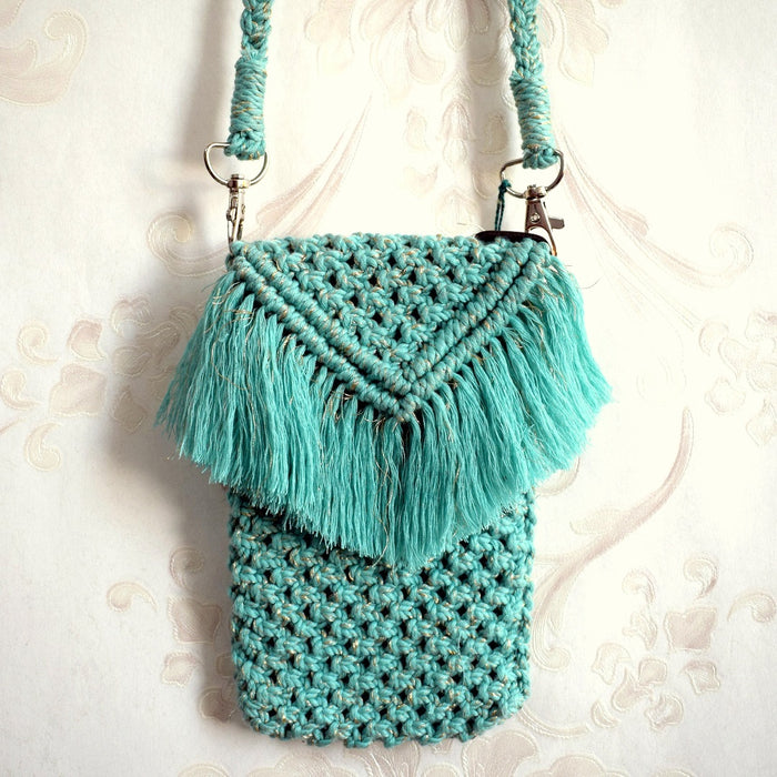 Sea Green Macrame Cross Body Mobile Sling Bag