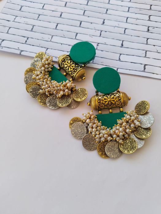 Sea Green Silver And Golden Jhumka Earrings