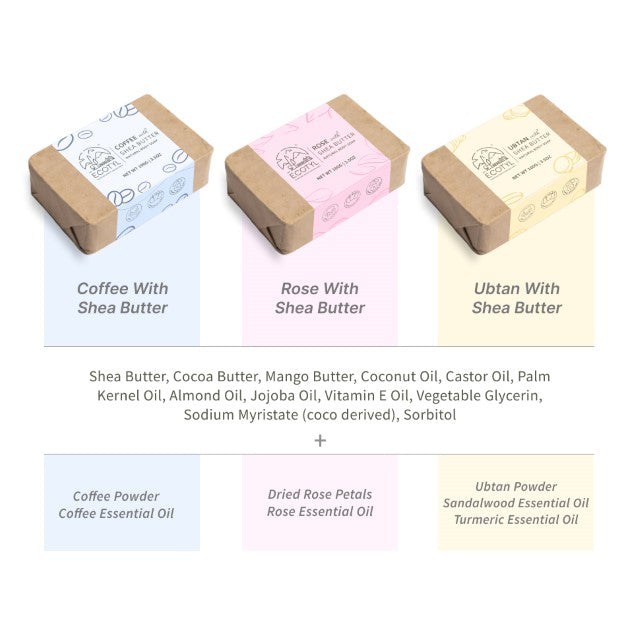 Shea Butter Soaps - Ubtan, Rose & Coffee | 100% Natural | Gentle Cleanser | Set Of 3