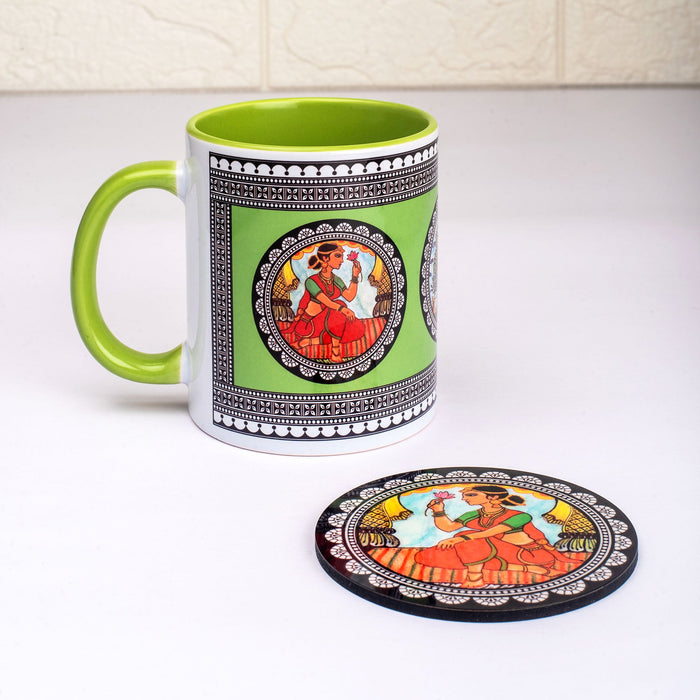 Ceramic Paripatra Pattachitra Mug with Coaster - Green