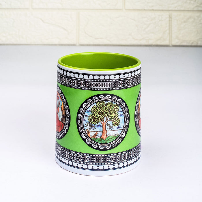 Ceramic Paripatra Pattachitra Mug with Coaster - Green