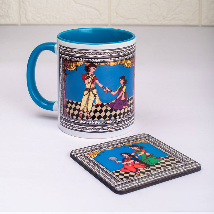 Ceramic Shringaar Pattachitra Mug with Coaster - Blue