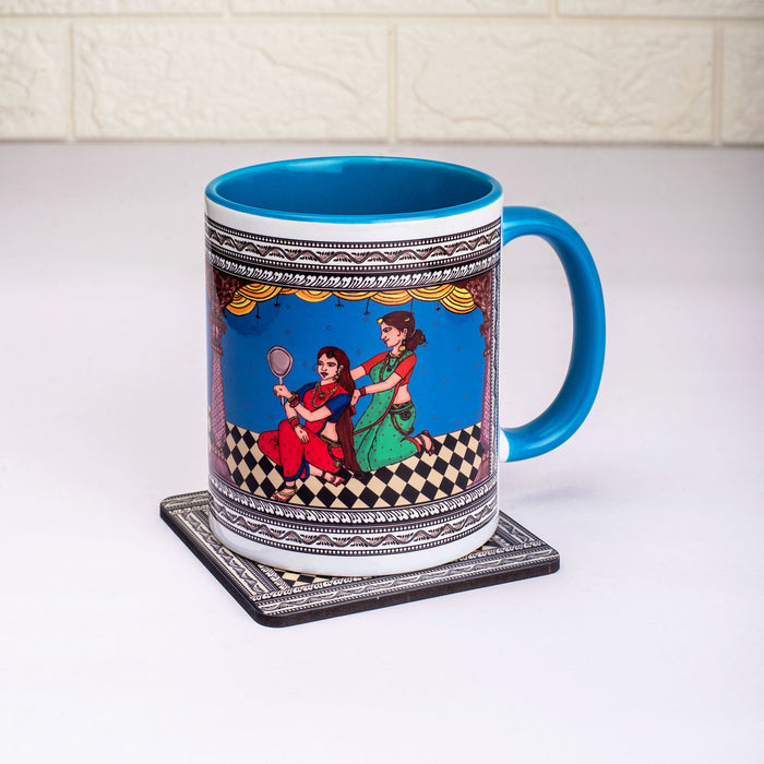 Ceramic Shringaar Pattachitra Mug with Coaster - Blue