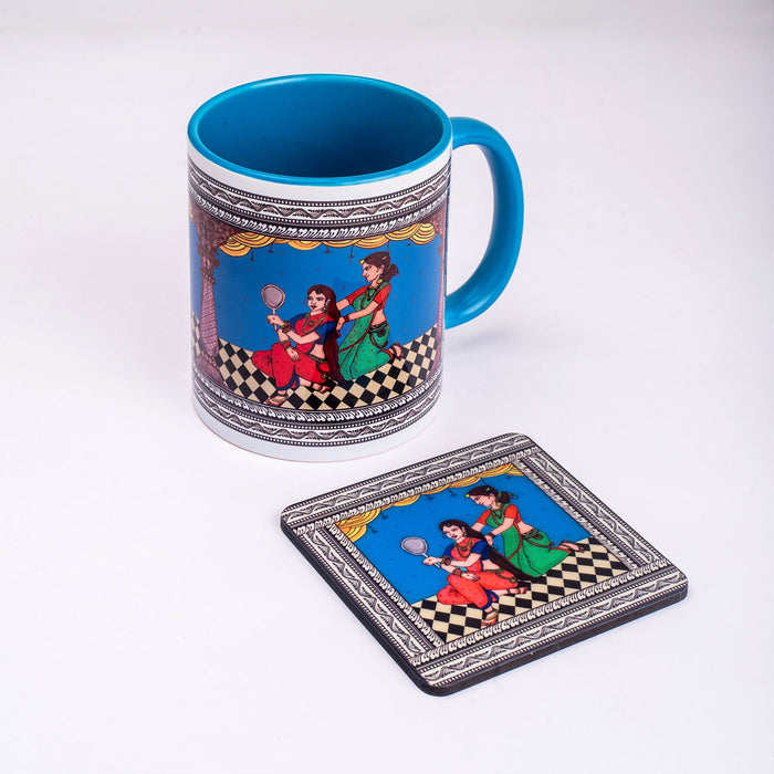 Ceramic Shringaar Pattachitra Mug with Coaster - Blue