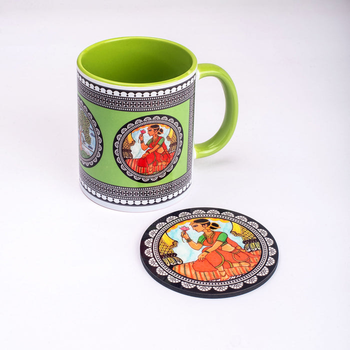 Ceramic Paripatra Pattachitra Mug with Coaster - Green