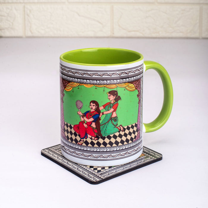 Ceramic Shringaar Pattachitra Mug with Coaster - Green