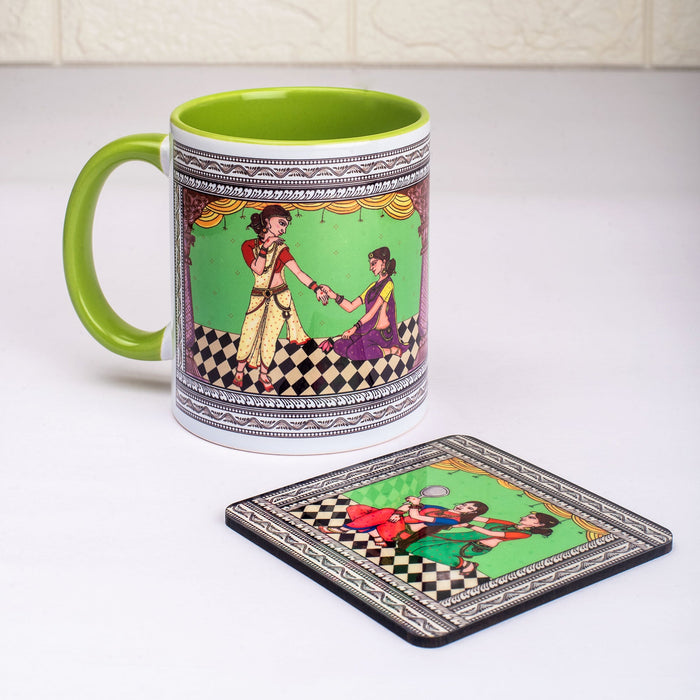 Ceramic Shringaar Pattachitra Mug with Coaster - Green