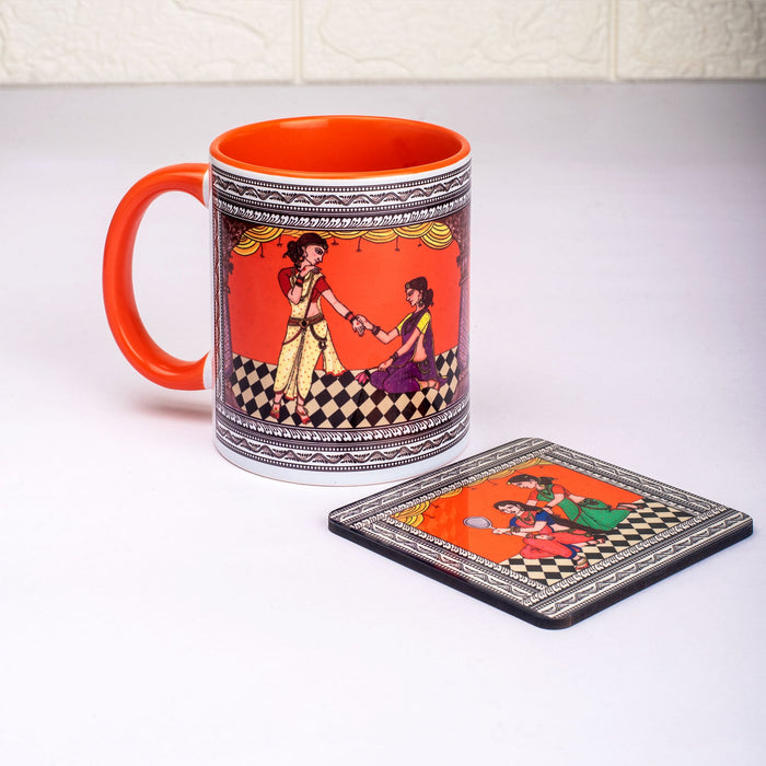 Ceramic Shringaar Pattachitra Mug with Coaster - Orange