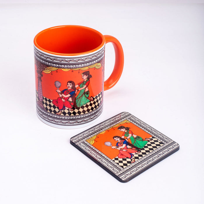 Ceramic Shringaar Pattachitra Mug with Coaster - Orange