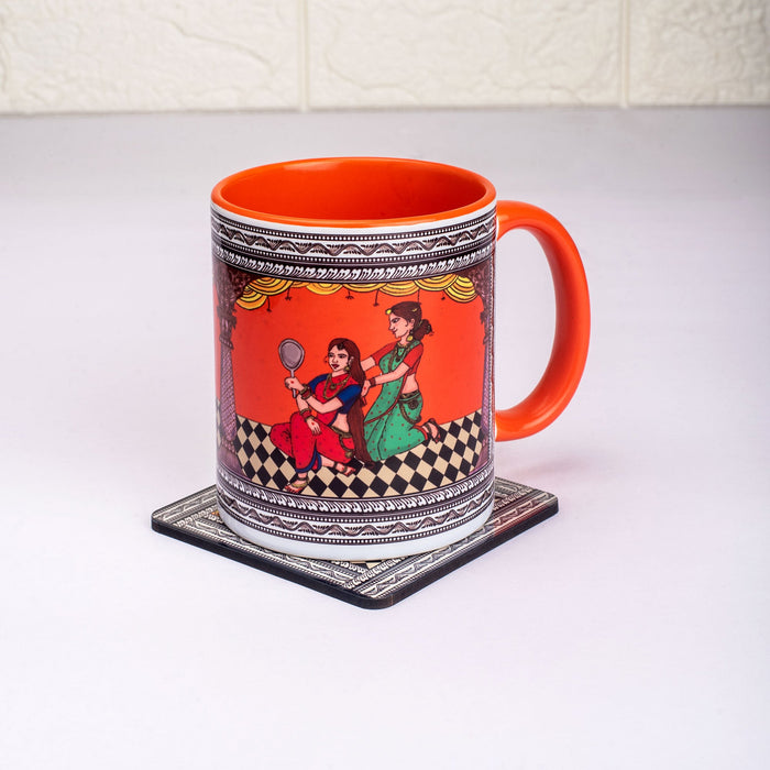 Ceramic Shringaar Pattachitra Mug with Coaster - Orange