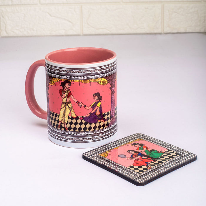 Ceramic Shringaar Pattachitra Mug with Coaster - Pink