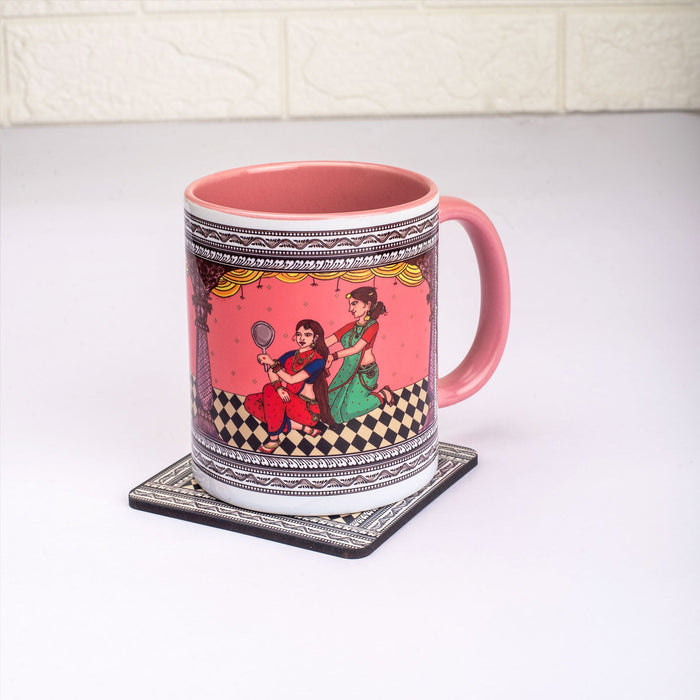 Ceramic Shringaar Pattachitra Mug with Coaster - Pink