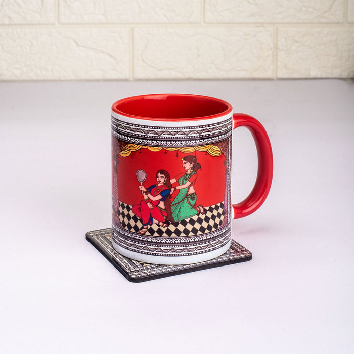 Ceramic Shringaar Pattachitra Mug with Coaster - Red