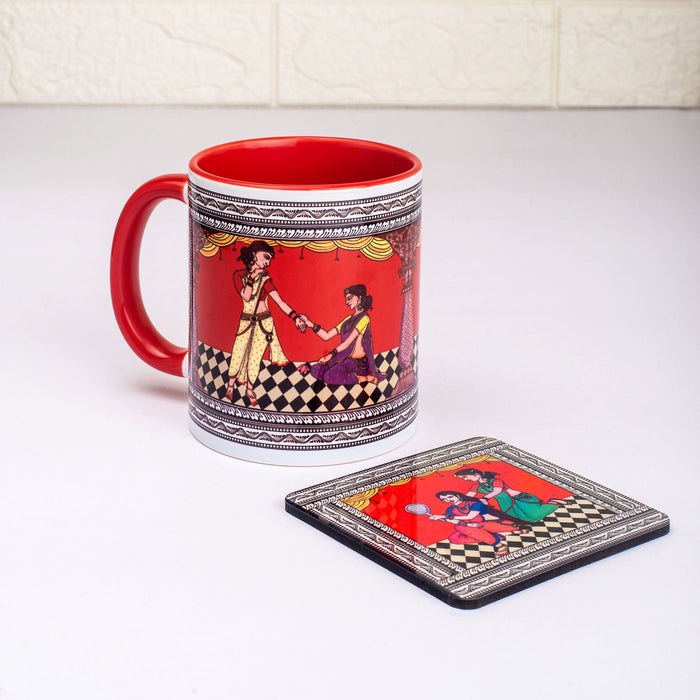 Ceramic Shringaar Pattachitra Mug with Coaster - Red