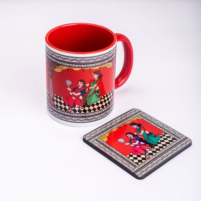 Ceramic Shringaar Pattachitra Mug with Coaster - Red