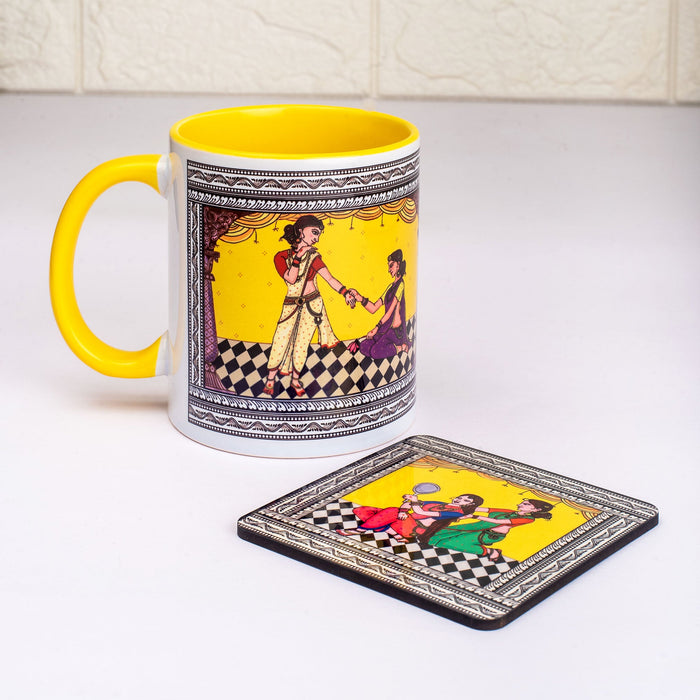 Ceramic Shringaar Pattachitra Mug with Coaster - Yellow