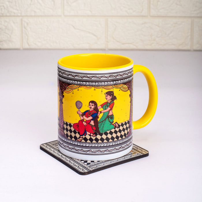 Ceramic Shringaar Pattachitra Mug with Coaster - Yellow