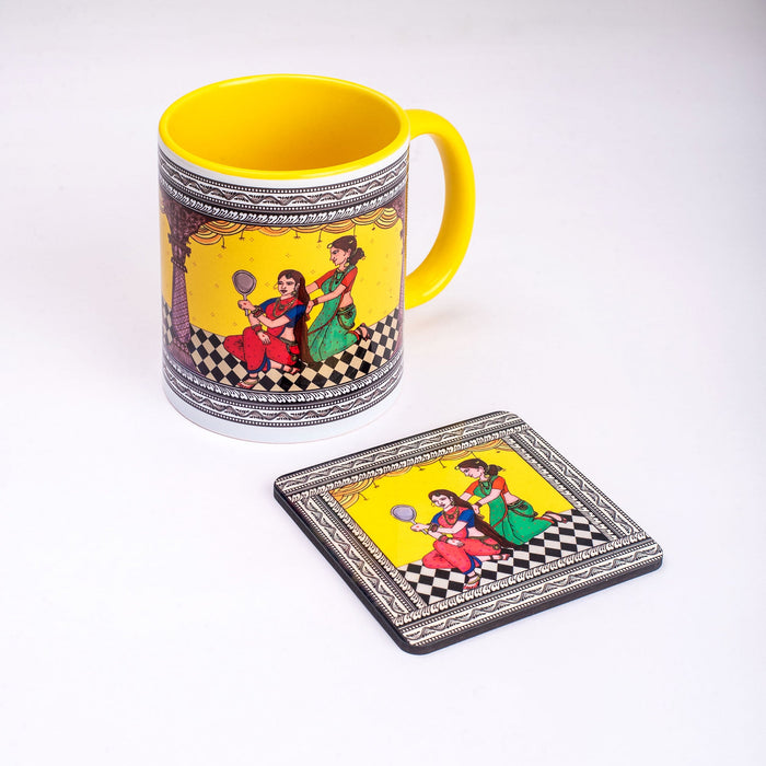 Ceramic Shringaar Pattachitra Mug with Coaster - Yellow