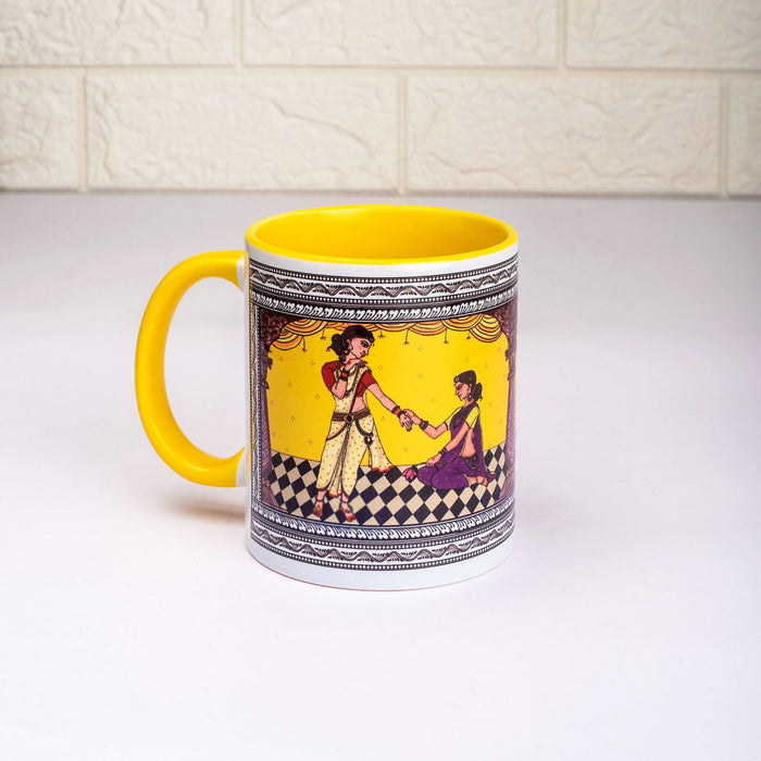 Ceramic Shringaar Pattachitra Mug with Coaster - Yellow