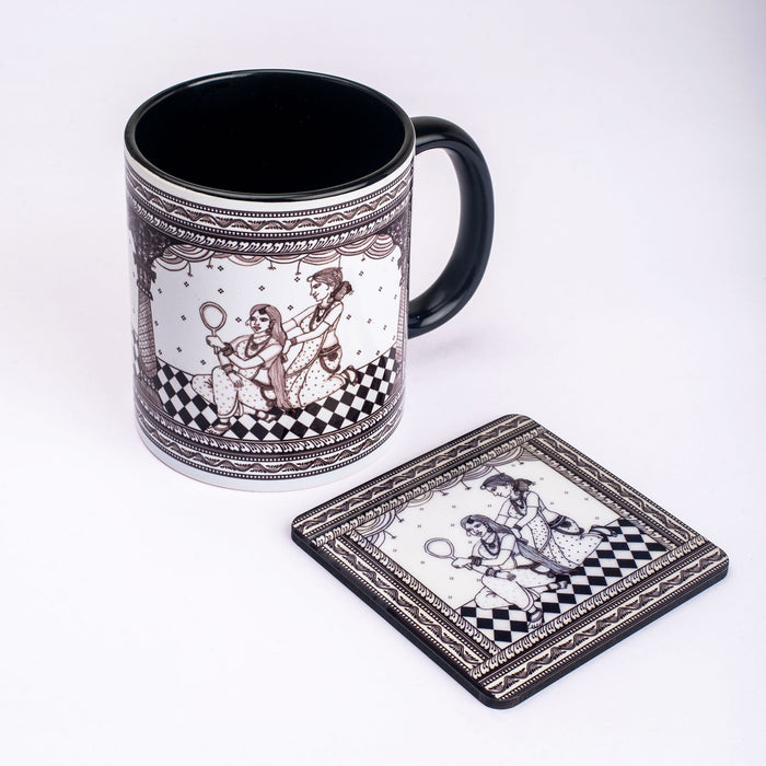 Ceramic Shringaar Pattachitra Mug with Coaster - Black