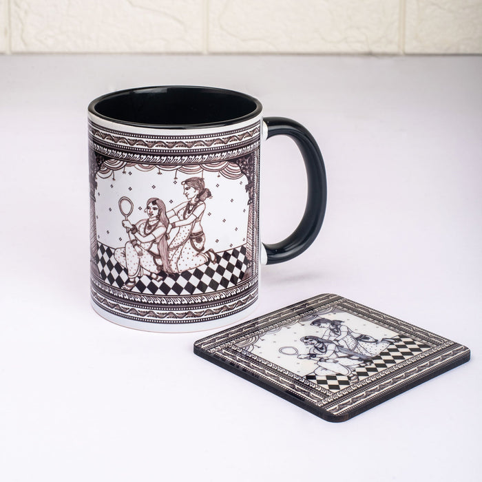 Ceramic Shringaar Pattachitra Mug with Coaster - Black