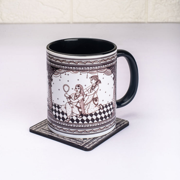 Ceramic Shringaar Pattachitra Mug with Coaster - Black