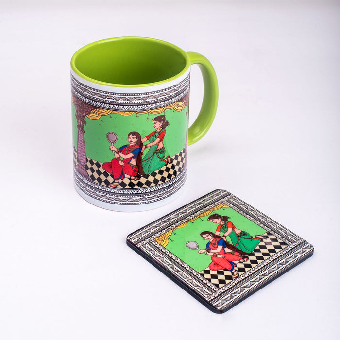 Ceramic Shringaar Pattachitra Mug with Coaster - Green