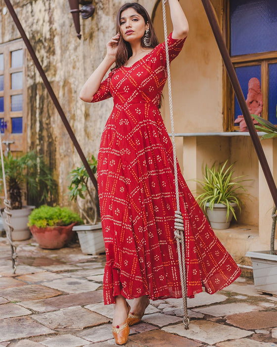 Red Bandhej Ankle Length Rayon Kurti (Red)-KR-16