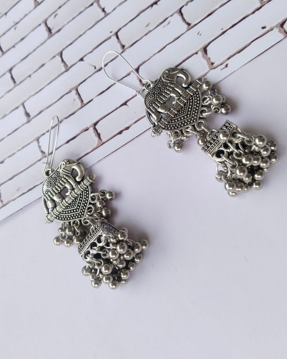 Elephant Design Silver Oxidised Earrings