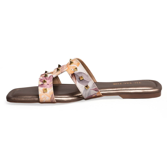 Tropical Printed Metallic Brown Studs Slip On Flats