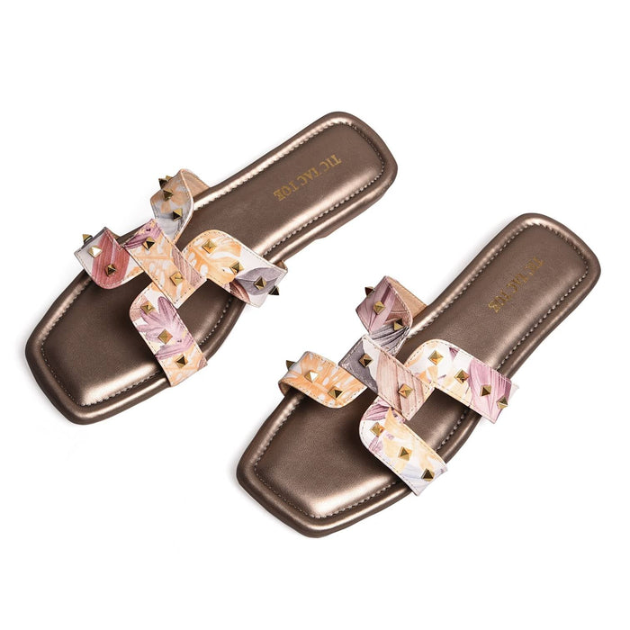 Tropical Printed Metallic Brown Studs Slip On Flats