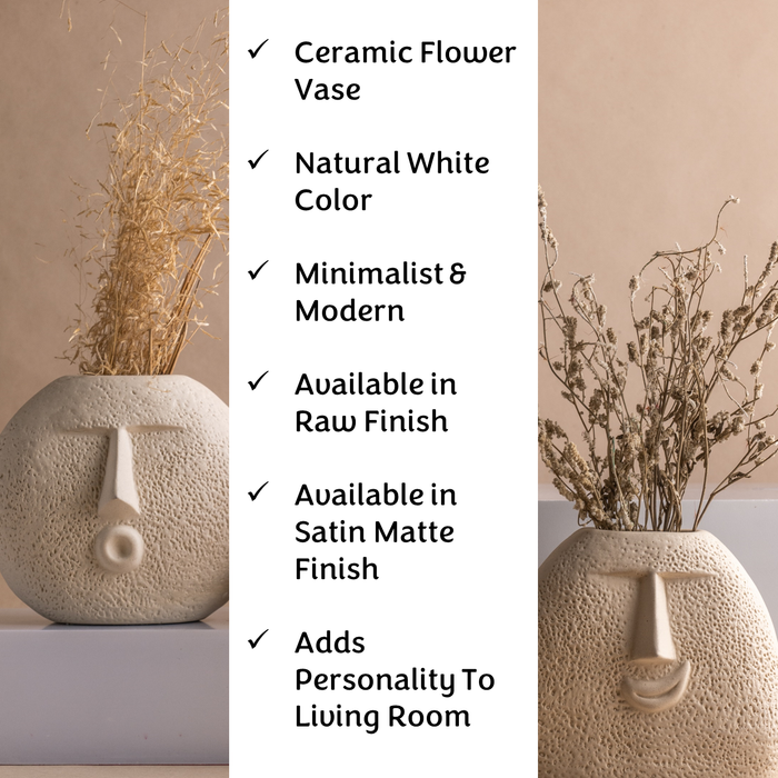 Ceramic Flower Vase (Set of 2) | Upbeat Face Vase 5.5" & Blowing Kiss Face Vase 6" (Ivory, Satin Matte Finish)