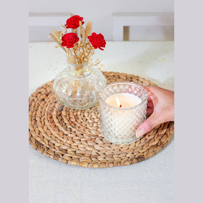 Mini glass bottle vase with red velvet bunch