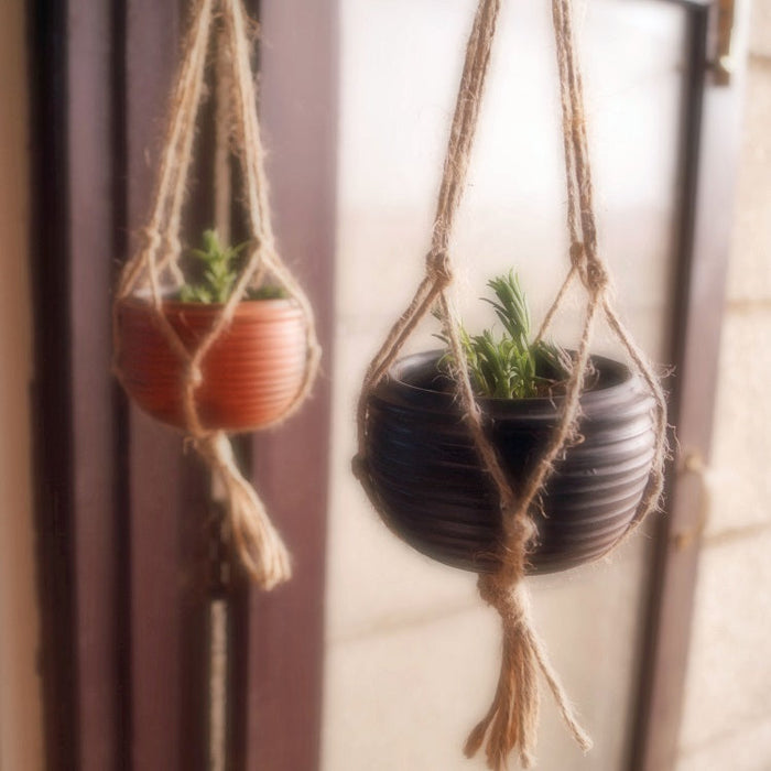 Reduction Fired Terracotta & Jute Hanging Cum Desktop Planters Set Of 2