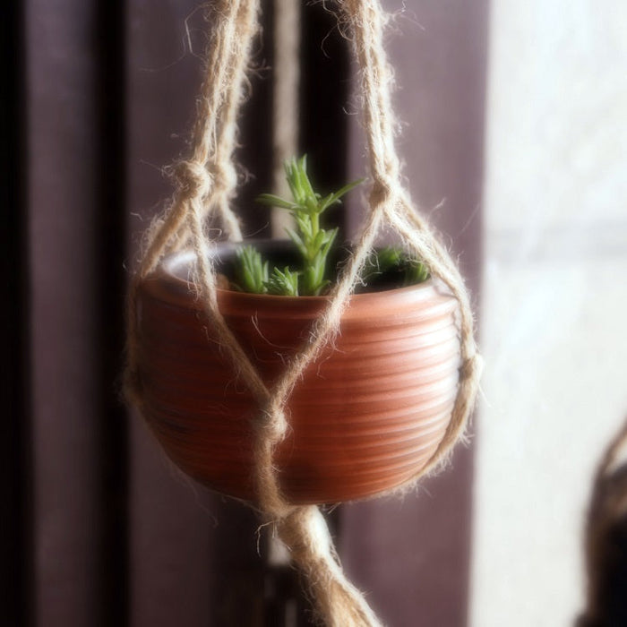 Reduction Fired Terracotta & Jute Hanging Cum Desktop Planter Single