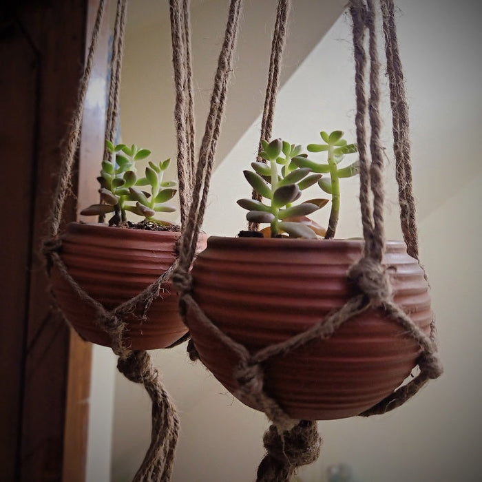 Reduction Fired Terracotta & Jute Hanging Cum Desktop Planters Set Of 2